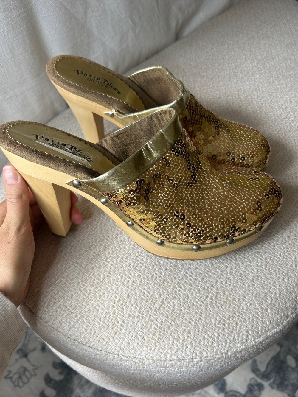 Vintage Paris Blues Gold Sequin Platform Clog Heels Y2K Disco Glam Size 10